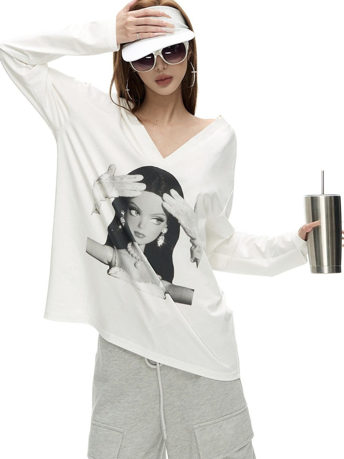 Fanptntox Back Cutout Figure Print V-neck Loose Women's Cotton Blend Long Sleeve T-shirts