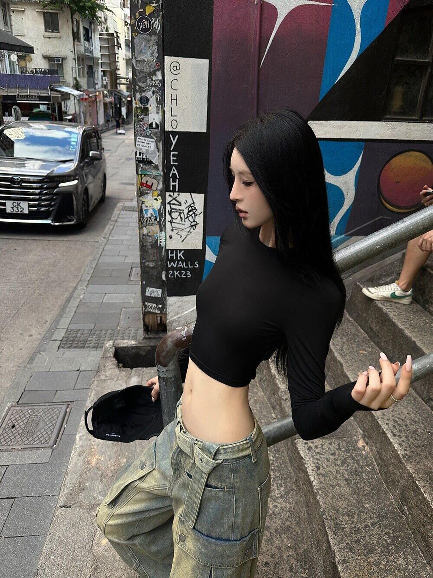 Fanptntox Backless Cropped Tie Back Padded Shoulders Women's Knit Long Sleeve T-shirts