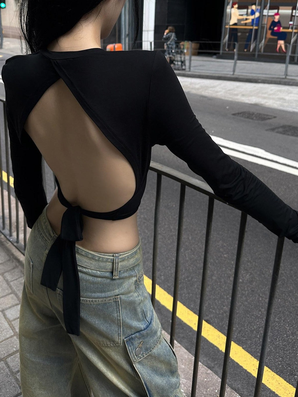 Fanptntox Backless Cropped Tie Back Padded Shoulders Women's Knit Long Sleeve T-shirts