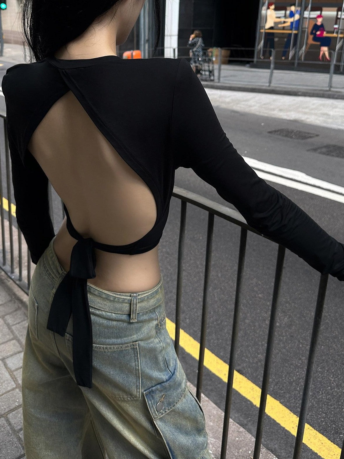 Fanptntox Backless Cropped Tie Back Padded Shoulders Women's Knit Long Sleeve T-shirts