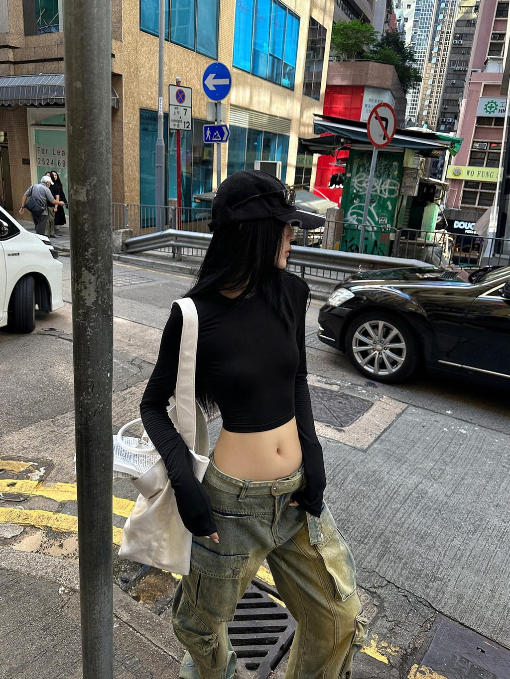 Fanptntox Backless Cropped Tie Back Padded Shoulders Women's Knit Long Sleeve T-shirts