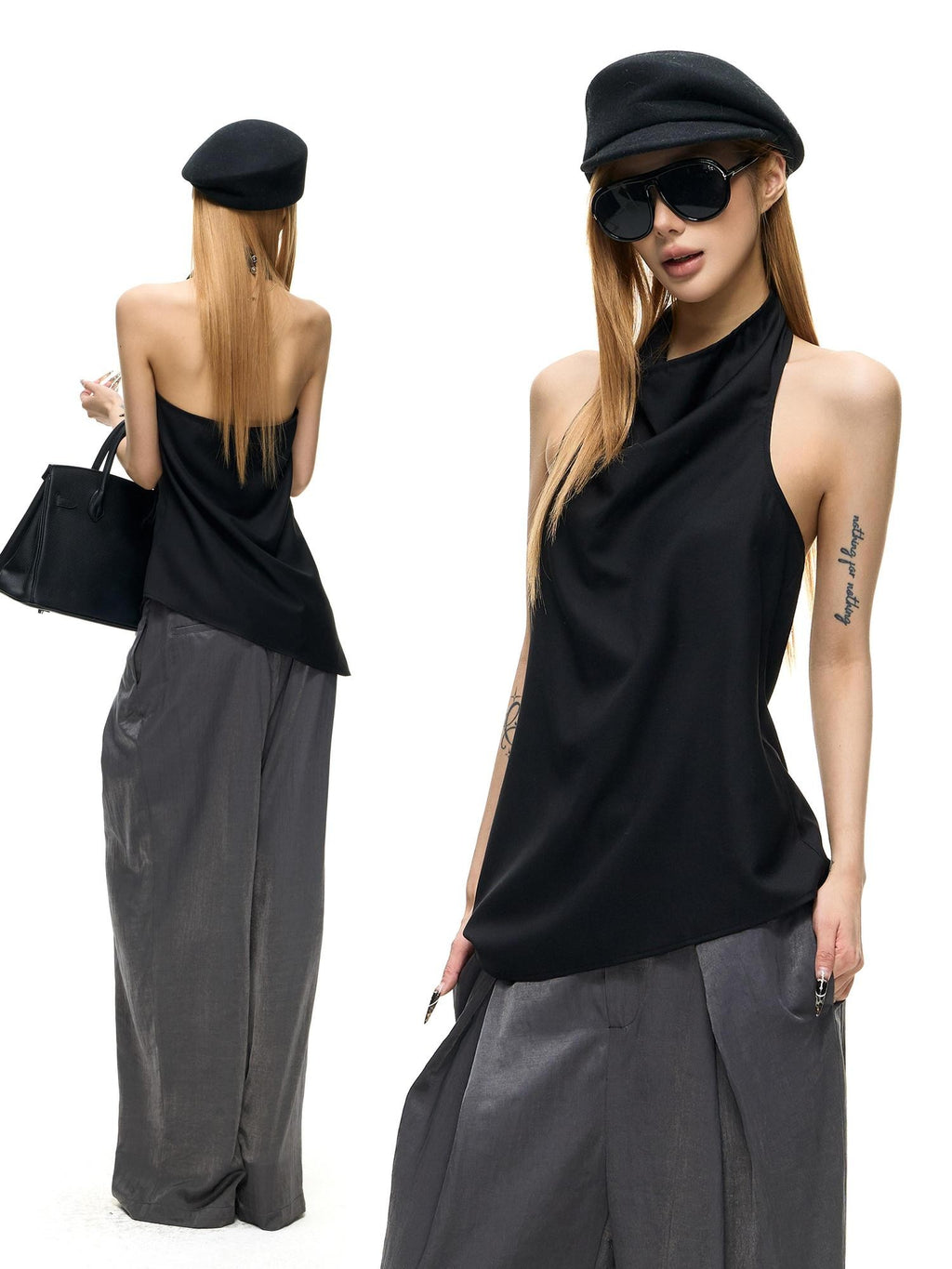 Fanptntox Backless Drape Neck Loose Women's Polyester Viscose Halter Tops