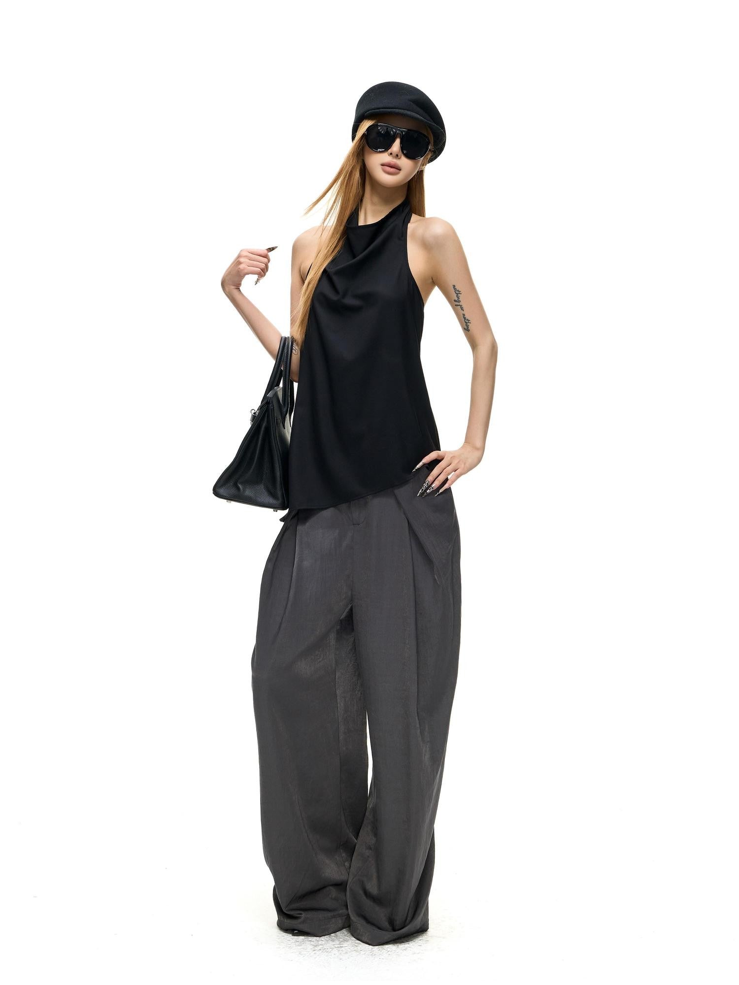 Fanptntox Backless Drape Neck Loose Women's Polyester Viscose Halter Tops