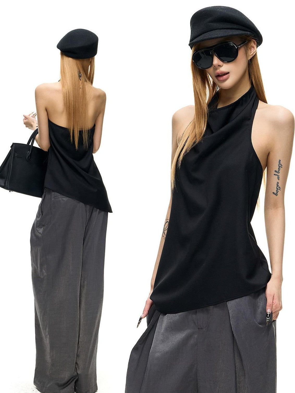Fanptntox Backless Drape Neck Loose Women's Polyester Viscose Halter Tops