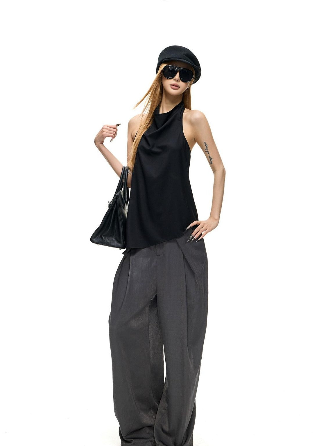 Fanptntox Backless Drape Neck Loose Women's Polyester Viscose Halter Tops