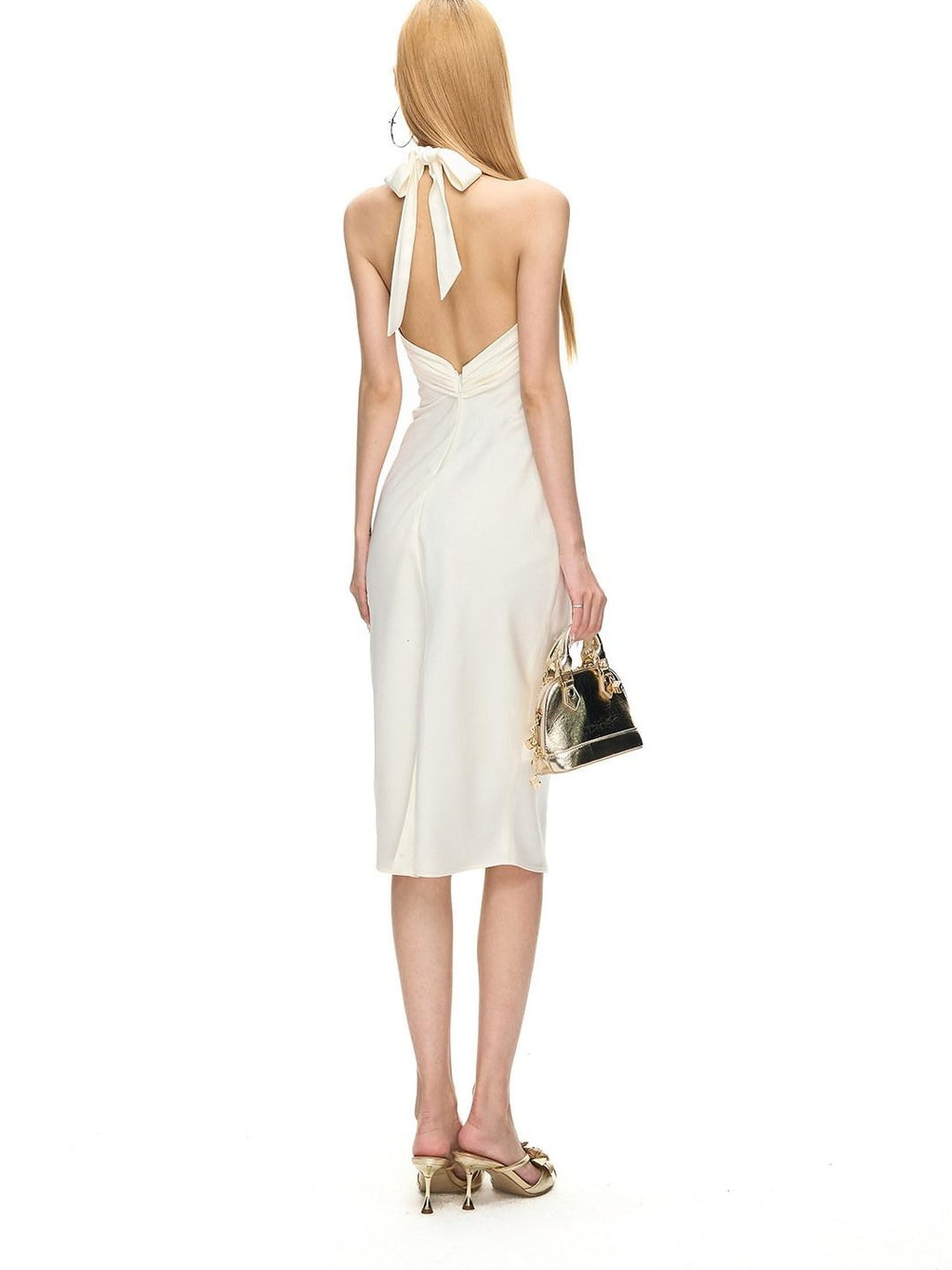 Fanptntox Backless Ruched U Neck Women's Polyester Halter Midi Dresses