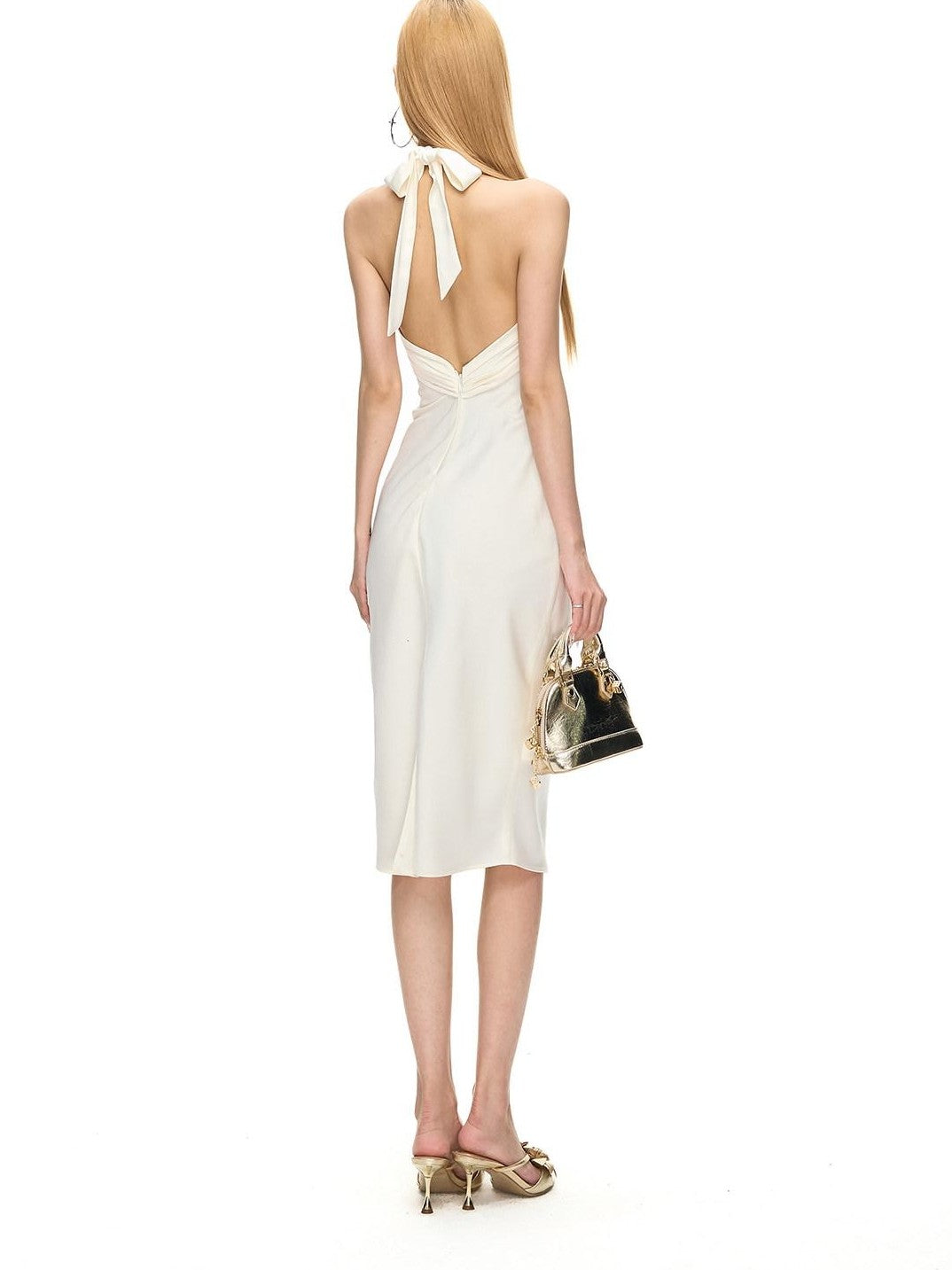 Fanptntox Backless Ruched U Neck Women's Polyester Halter Midi Dresses