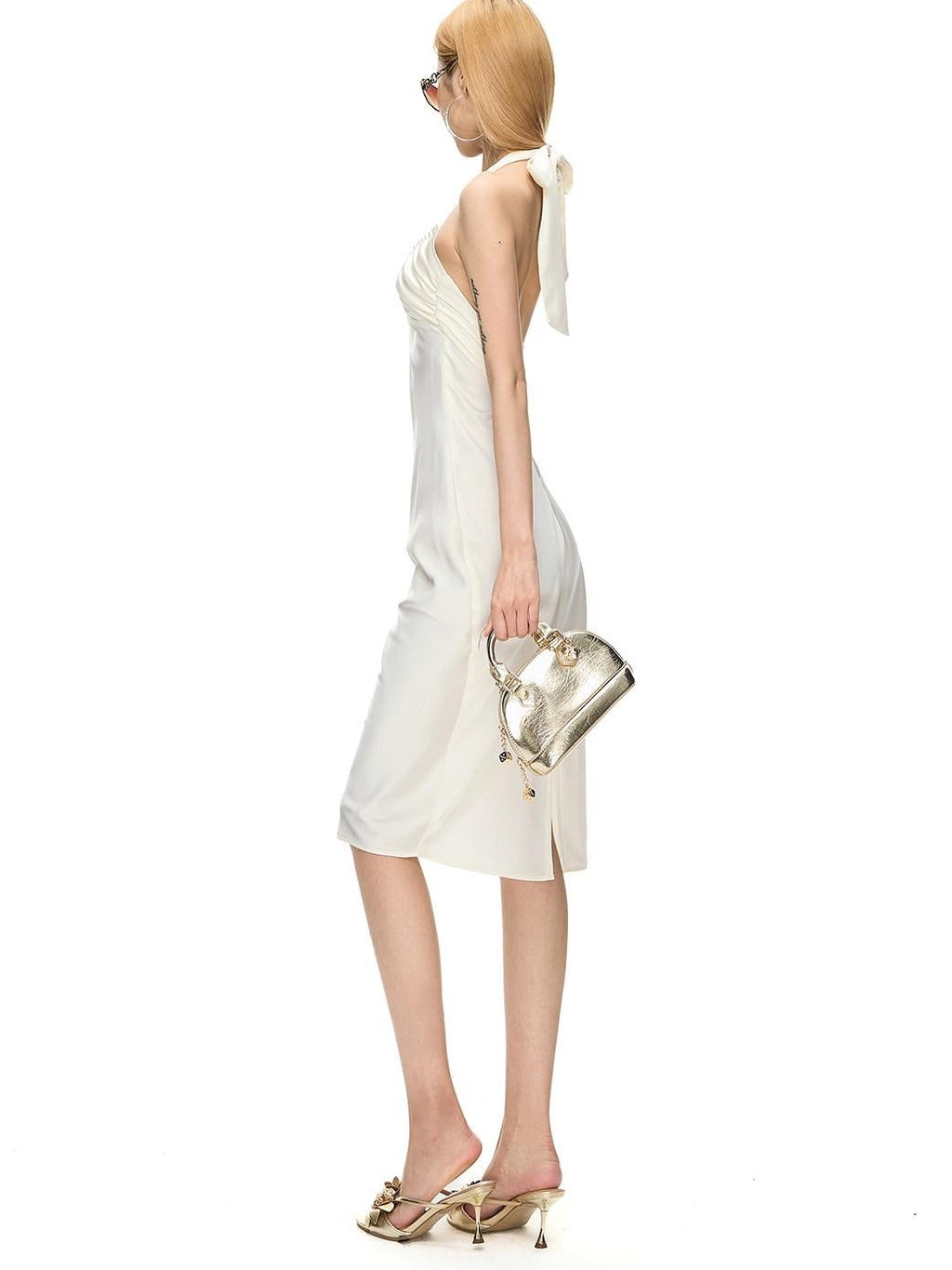 Fanptntox Backless Ruched U Neck Women's Polyester Halter Midi Dresses