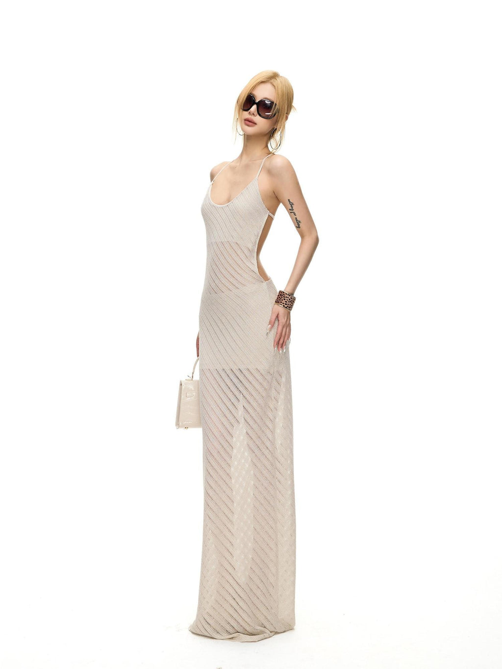 Fanptntox Beaded Hollowout Diagonal Lurex Women's Polyester Bodycon Maxi Dresses