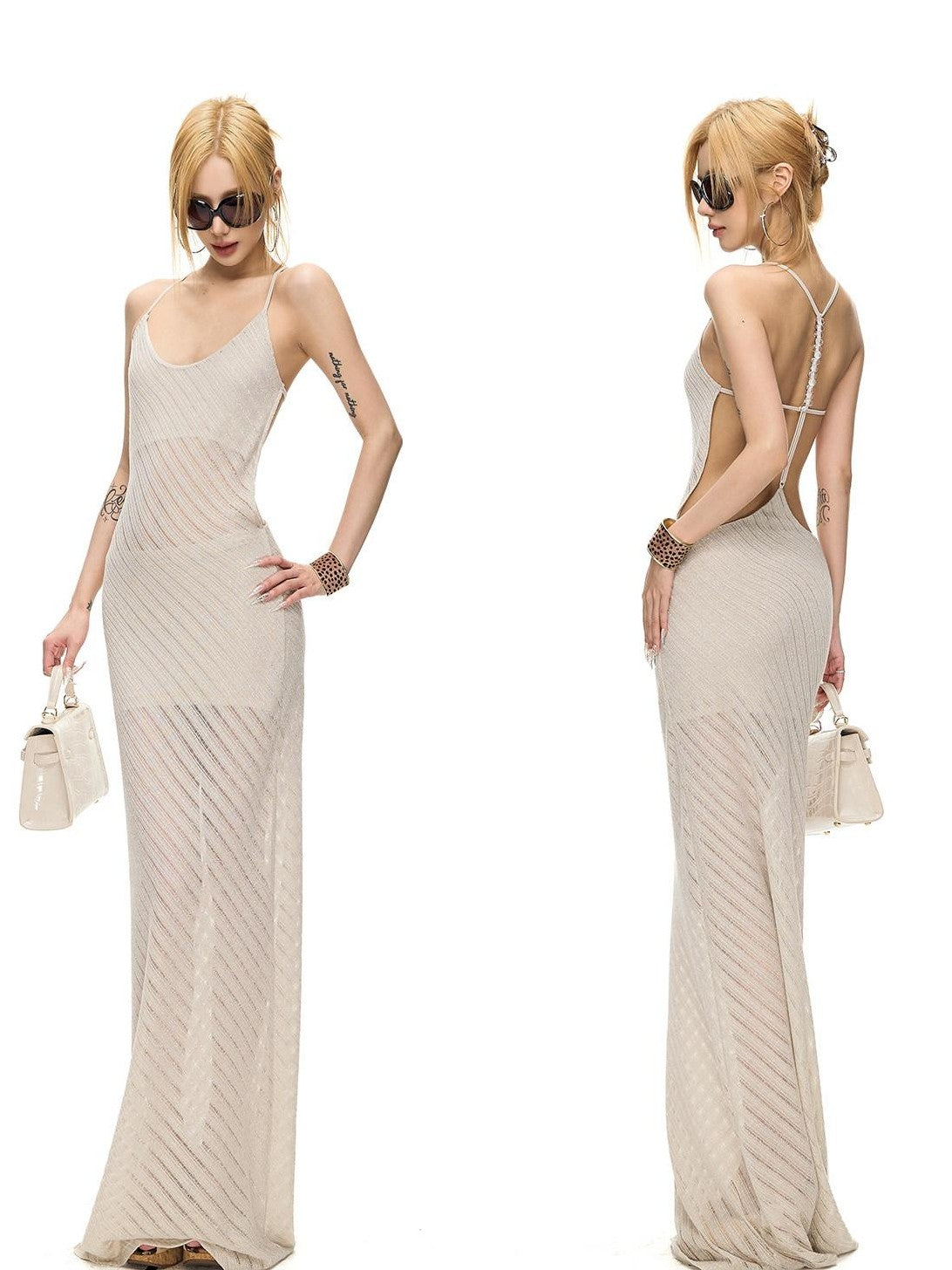 Fanptntox Beaded Hollowout Diagonal Lurex Women's Polyester Bodycon Maxi Dresses