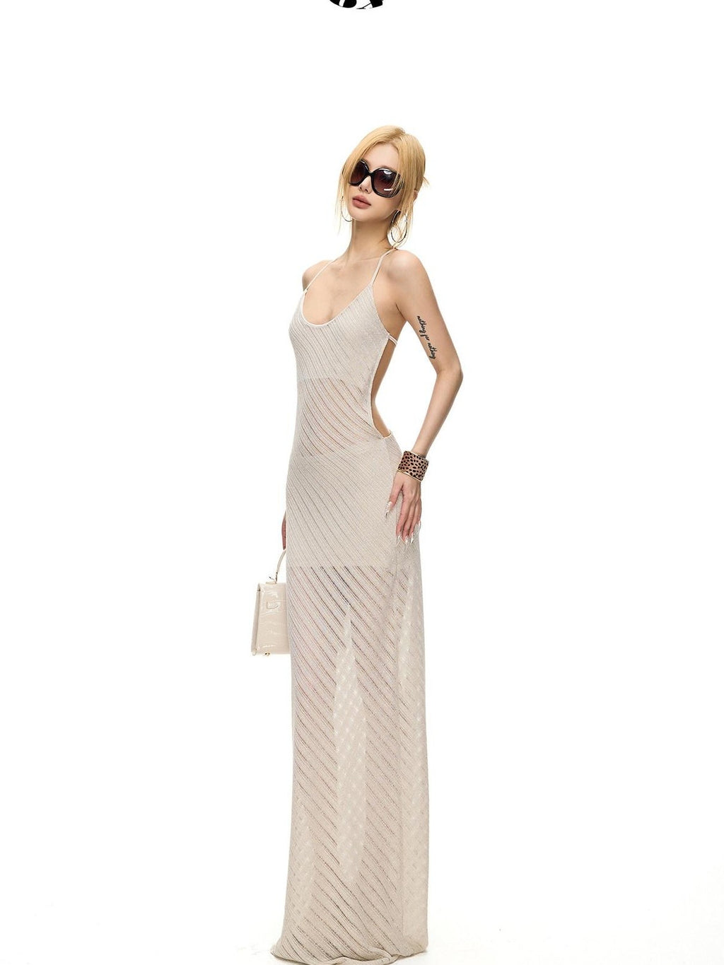 Fanptntox Beaded Hollowout Diagonal Lurex Women's Polyester Bodycon Maxi Dresses