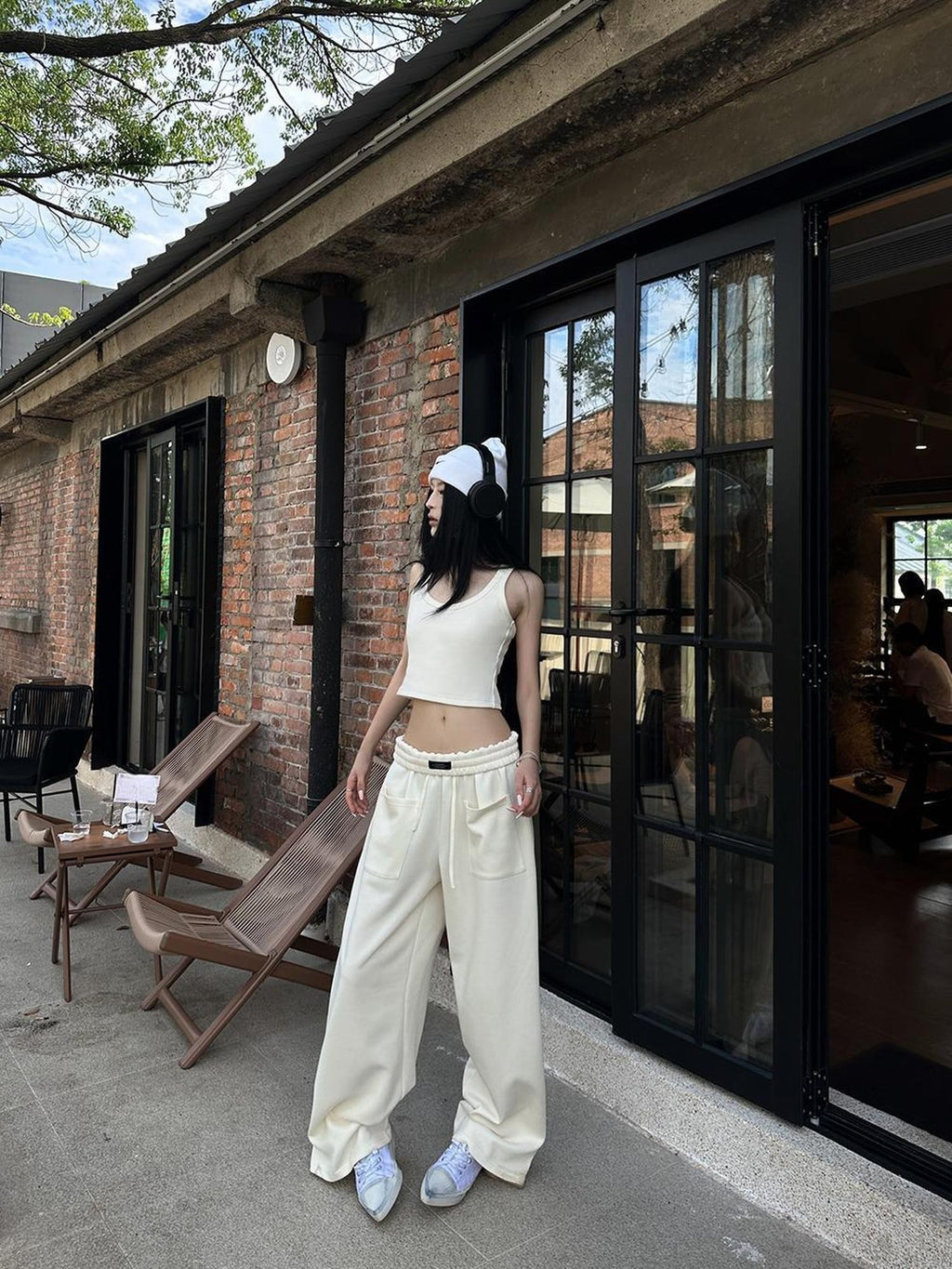 Fanptntox Beige Slouchy Slimming Foldover Waist Women's Other Fabric Wide Leg Sweatpants