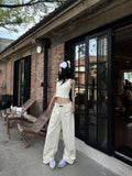 Fanptntox Beige Slouchy Slimming Foldover Waist Women's Other Fabric Wide Leg Sweatpants