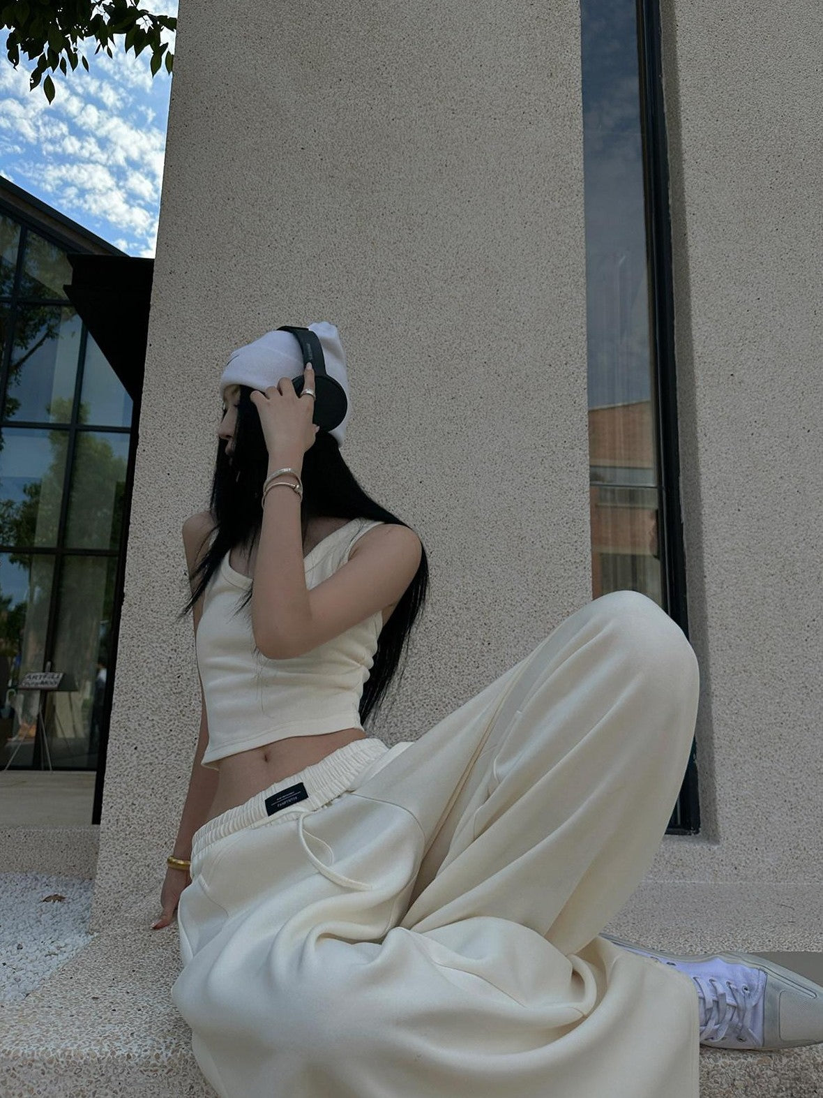 Fanptntox Beige Slouchy Slimming Foldover Waist Women's Other Fabric Wide Leg Sweatpants