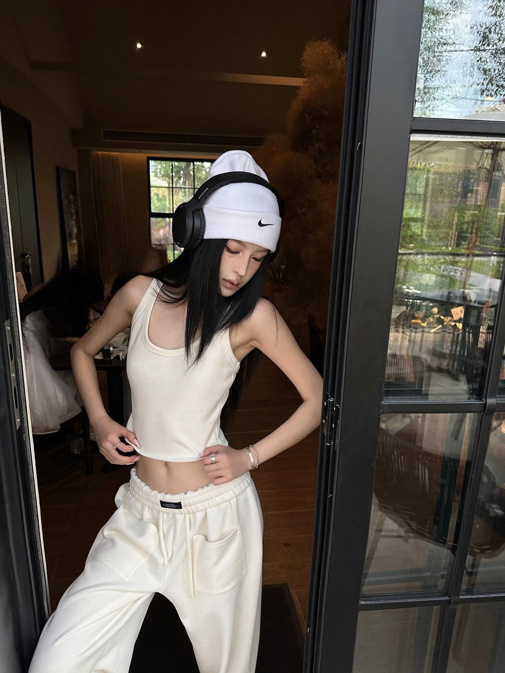 Fanptntox Beige Slouchy Slimming Foldover Waist Women's Other Fabric Wide Leg Sweatpants