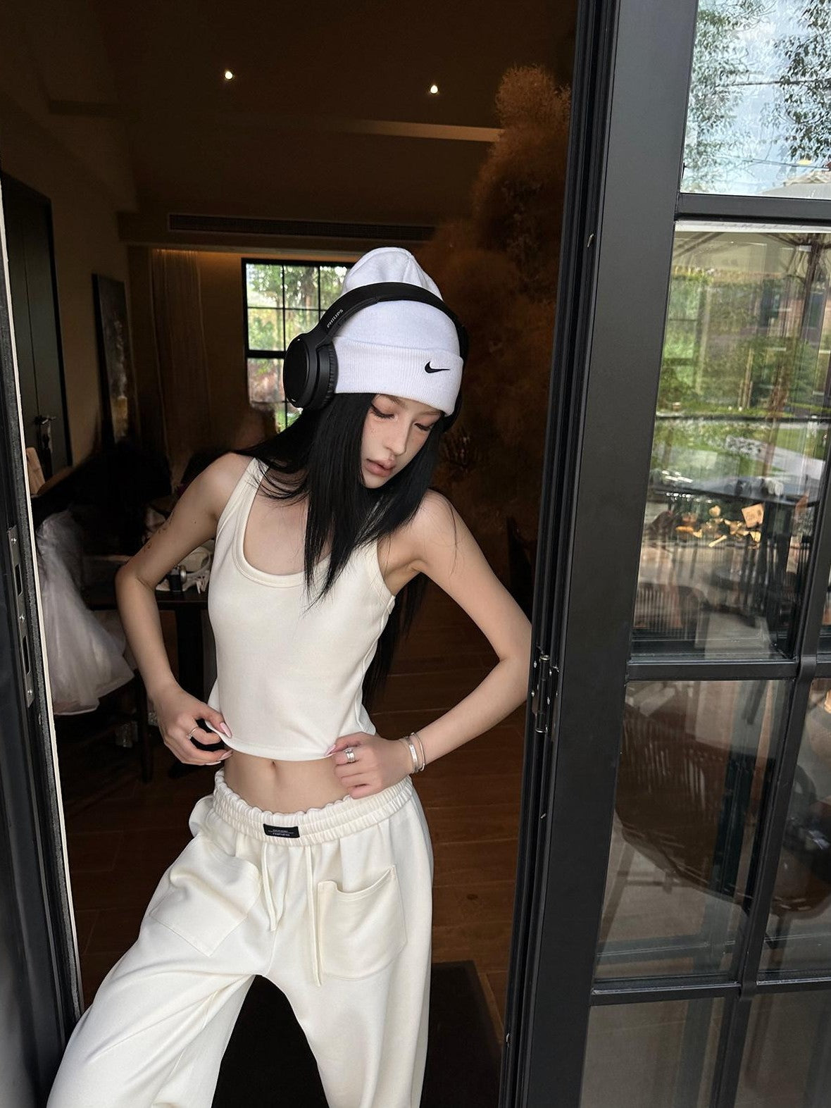 Fanptntox Beige Slouchy Slimming Foldover Waist Women's Other Fabric Wide Leg Sweatpants