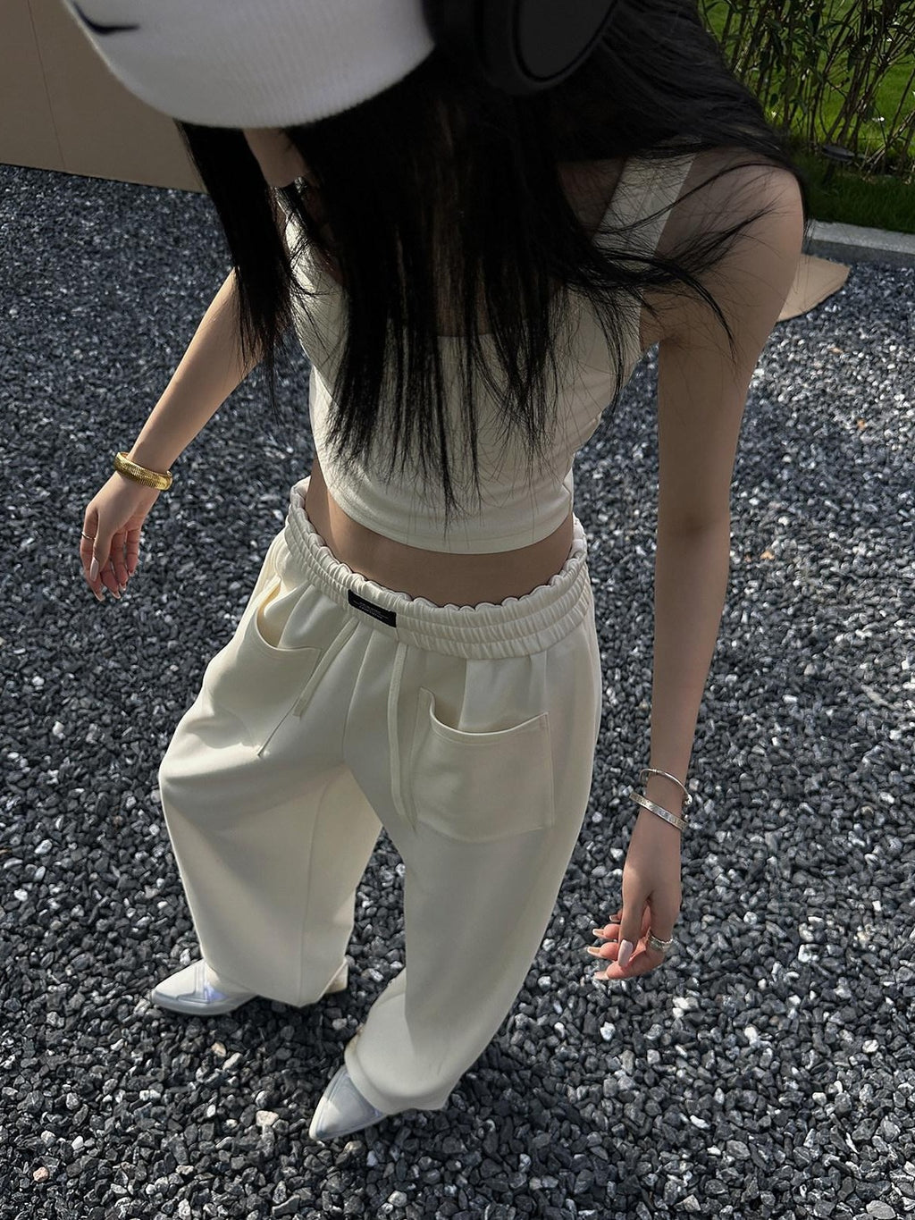 Fanptntox Beige Slouchy Slimming Foldover Waist Women's Other Fabric Wide Leg Sweatpants
