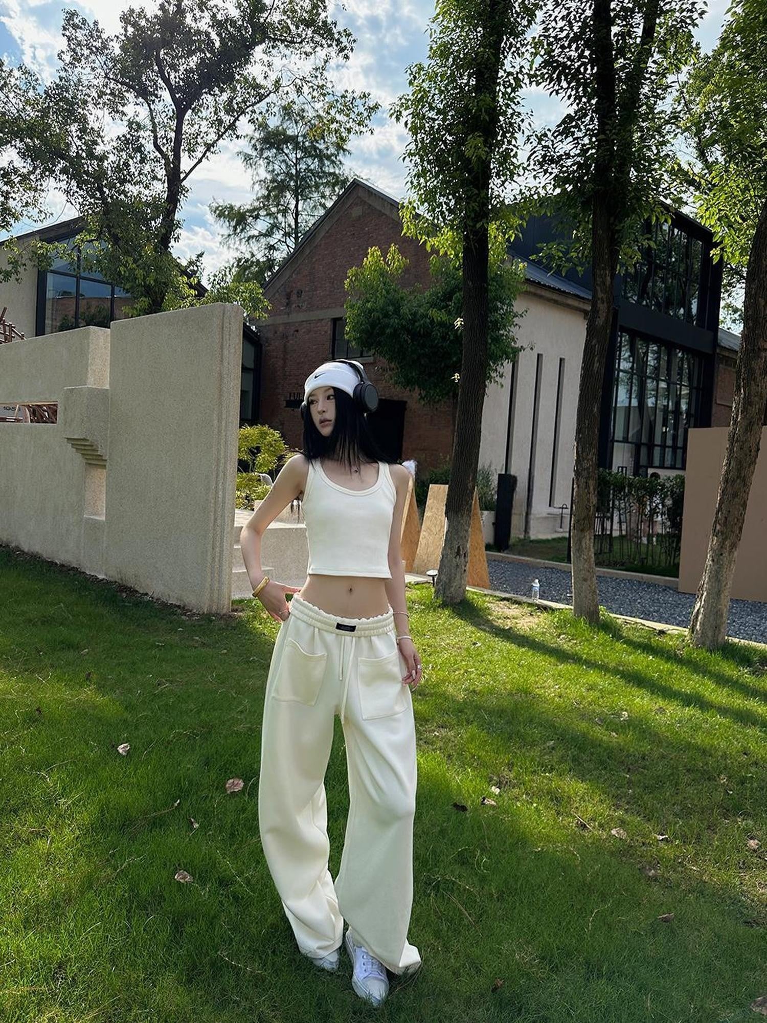 Fanptntox Beige Slouchy Slimming Foldover Waist Women's Other Fabric Wide Leg Sweatpants