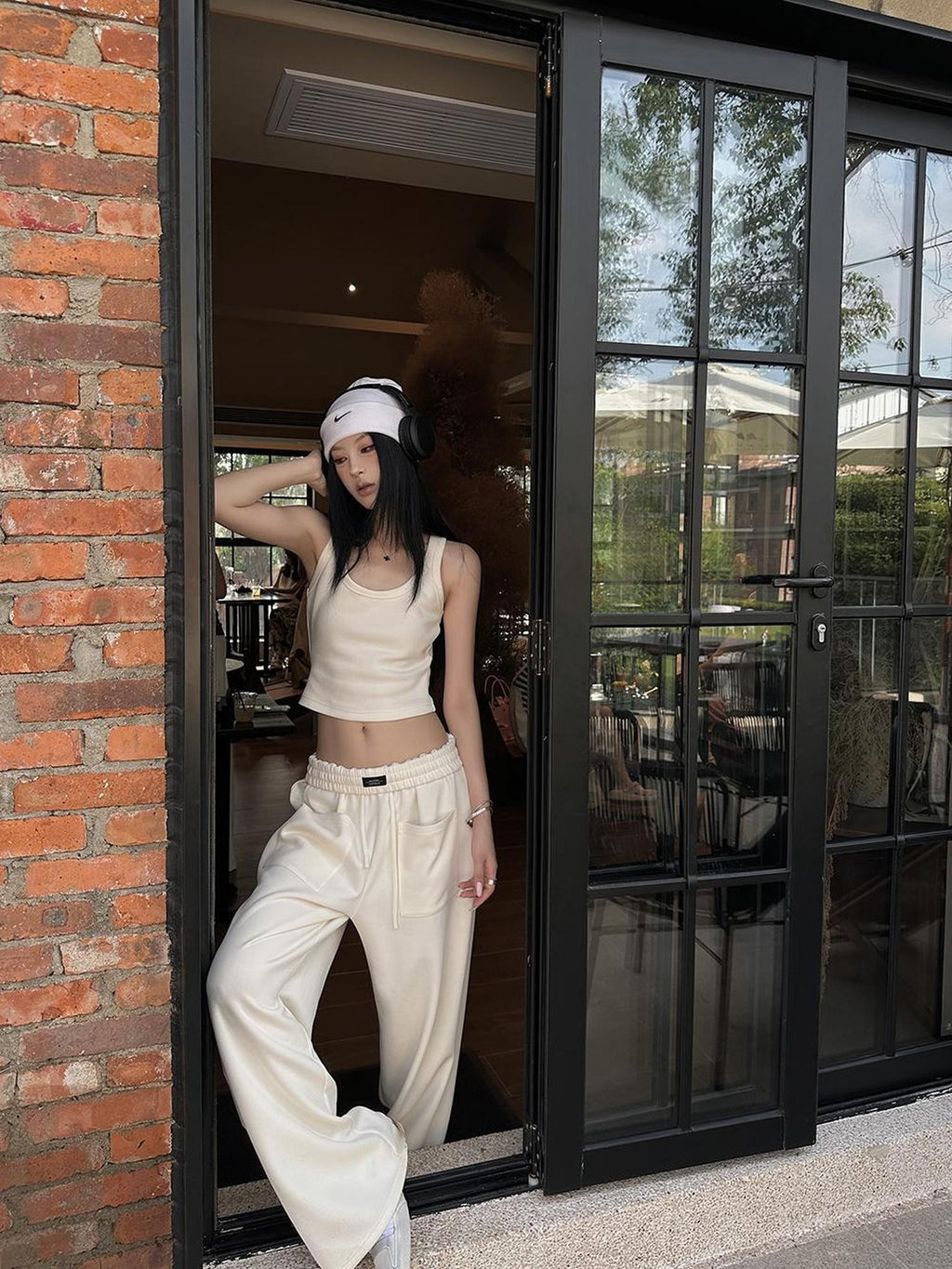 Fanptntox Beige Slouchy Slimming Foldover Waist Women's Other Fabric Wide Leg Sweatpants