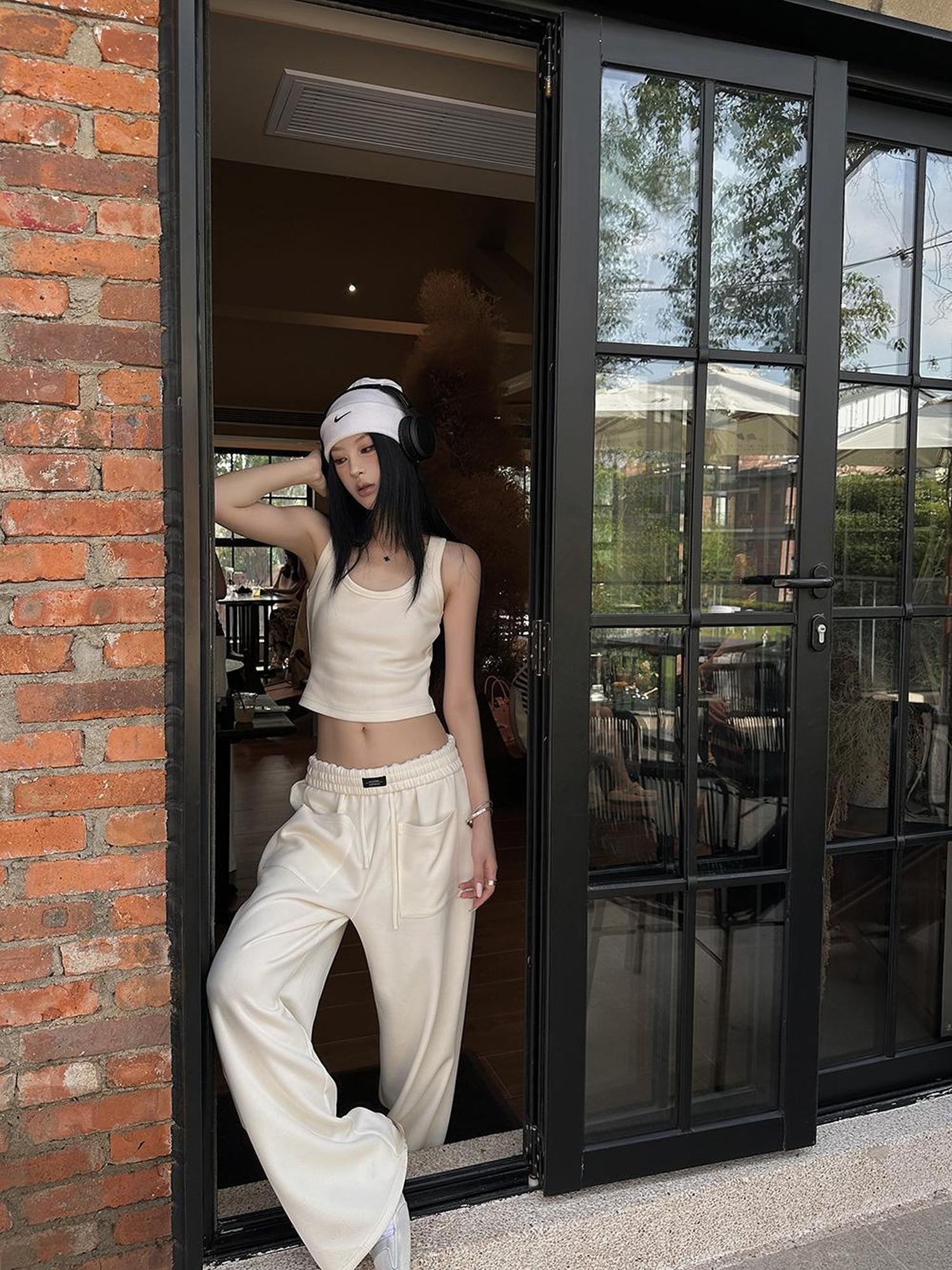 Fanptntox Beige Slouchy Slimming Foldover Waist Women's Other Fabric Wide Leg Sweatpants
