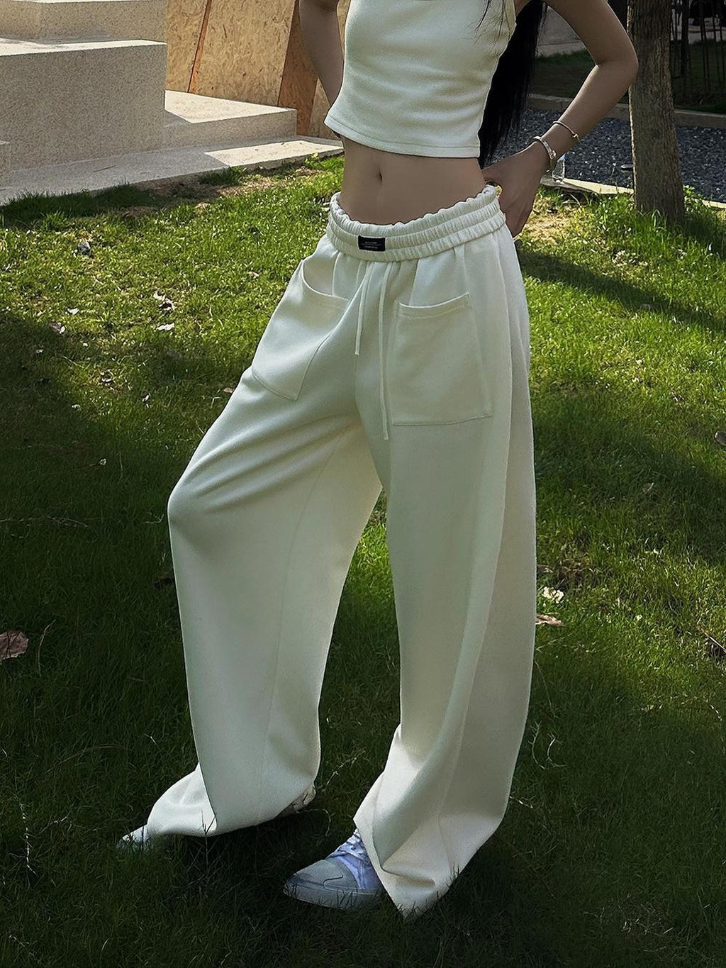 Fanptntox Beige Slouchy Slimming Foldover Waist Women's Other Fabric Wide Leg Sweatpants