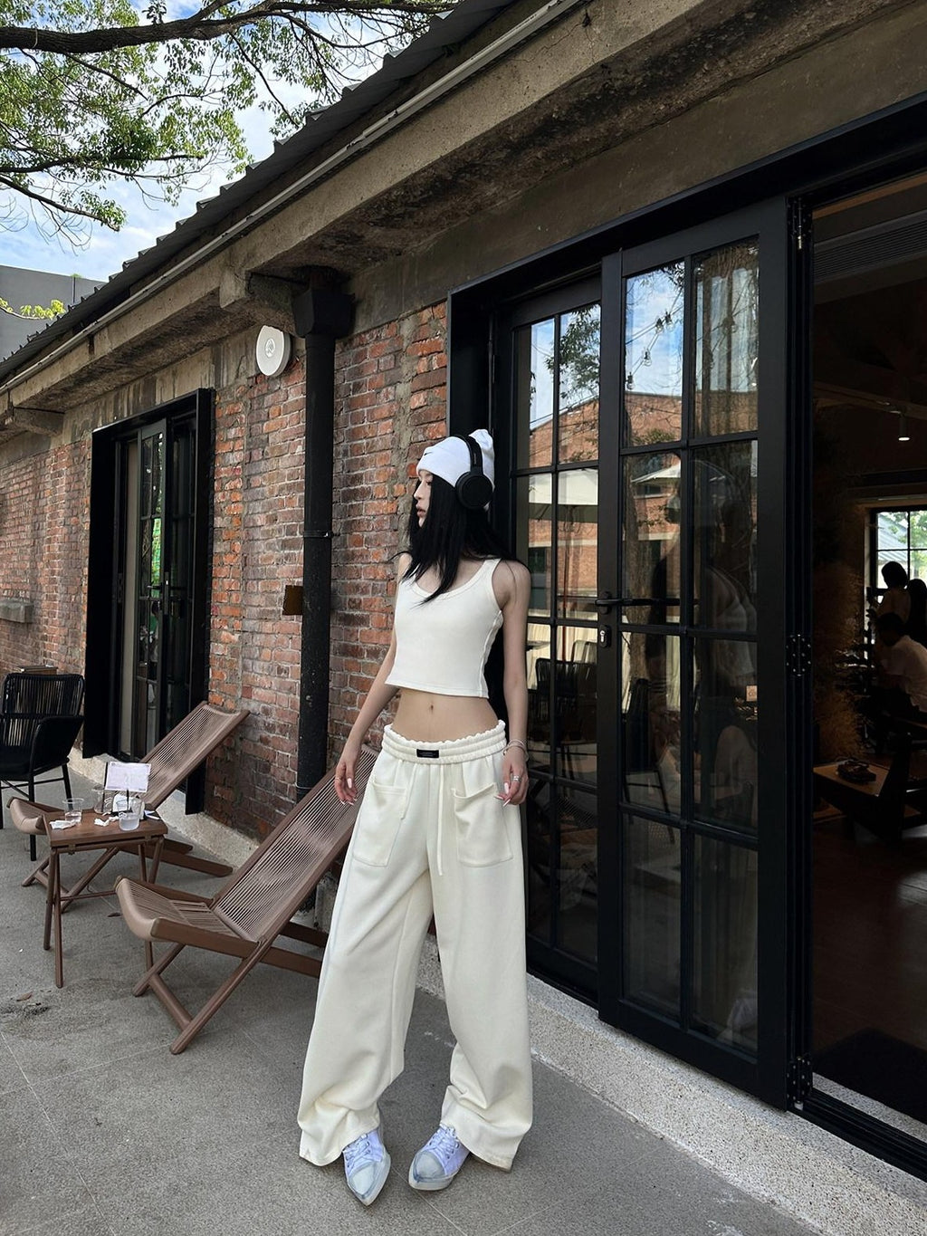 Fanptntox Beige Slouchy Slimming Foldover Waist Women's Other Fabric Wide Leg Sweatpants