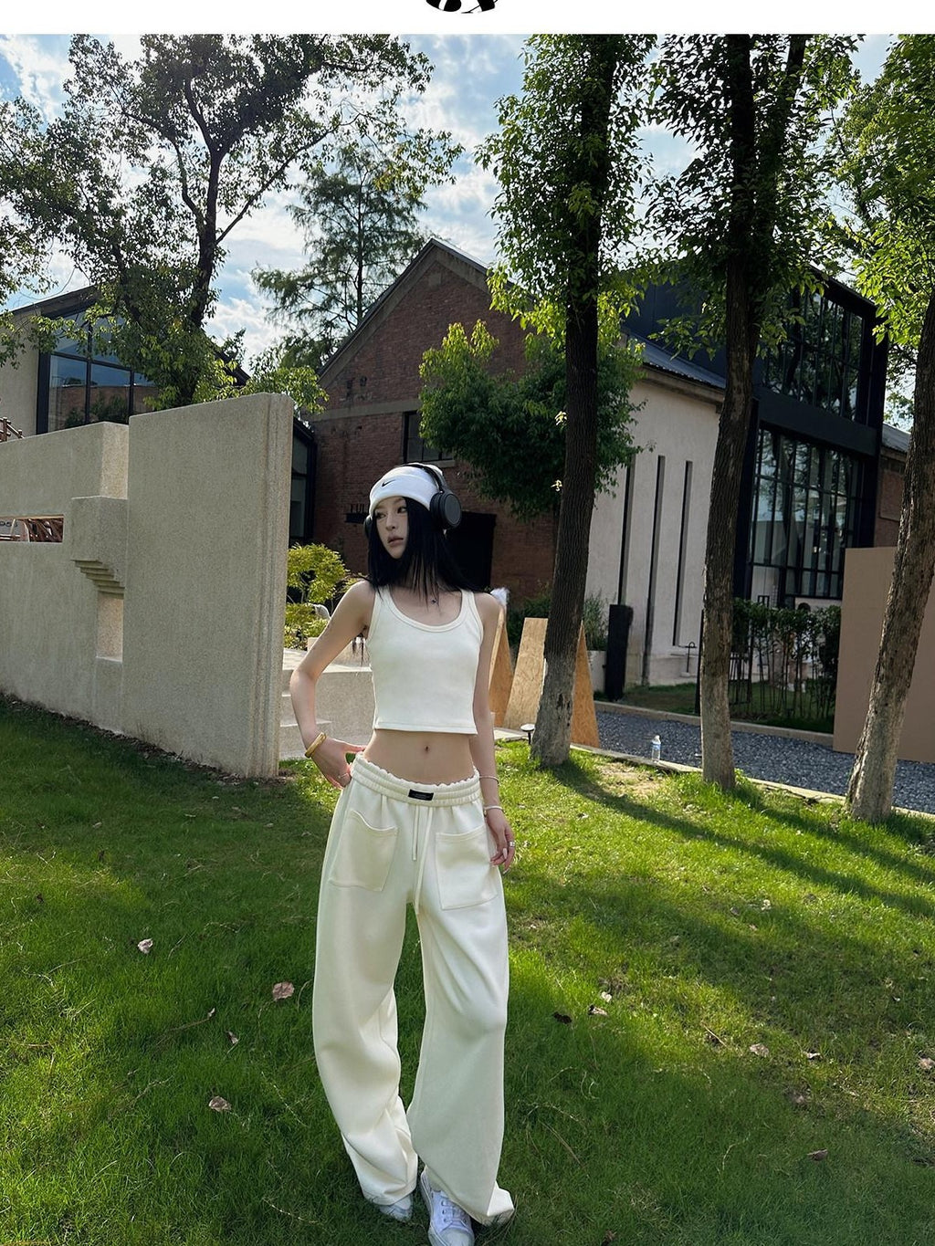 Fanptntox Beige Slouchy Slimming Foldover Waist Women's Other Fabric Wide Leg Sweatpants