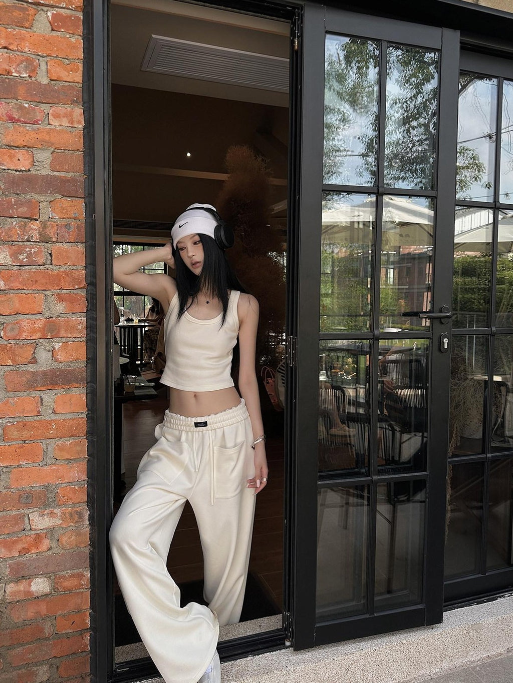Fanptntox Beige Slouchy Slimming Foldover Waist Women's Other Fabric Wide Leg Sweatpants