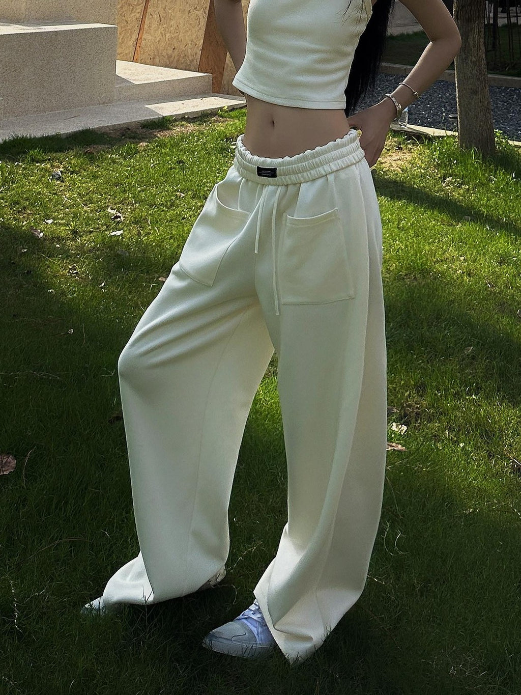 Fanptntox Beige Slouchy Slimming Foldover Waist Women's Other Fabric Wide Leg Sweatpants