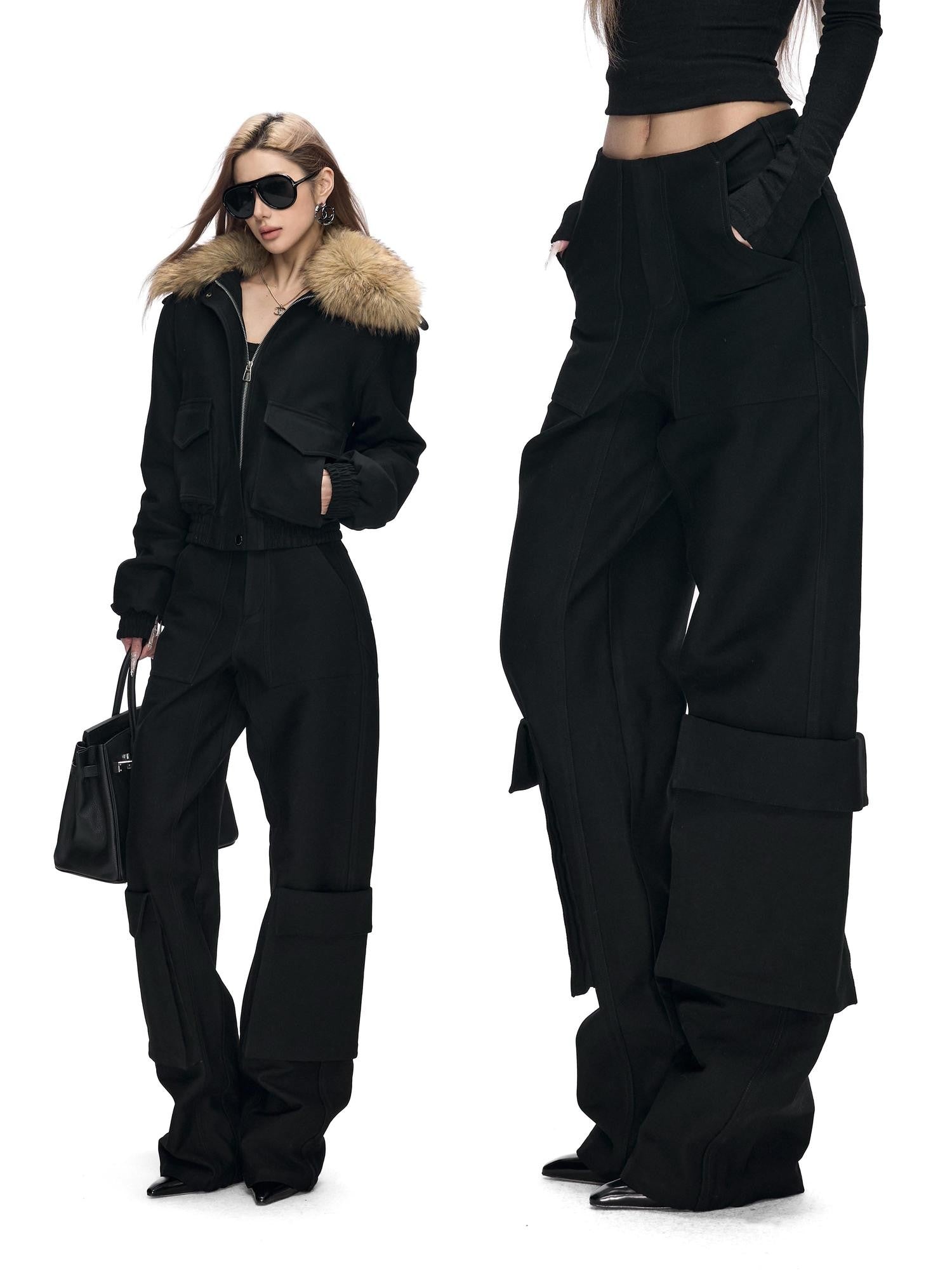 Fanptntox Black 3d Pocket Straight Loose High Stretch Women's Viscose Cargo Pants