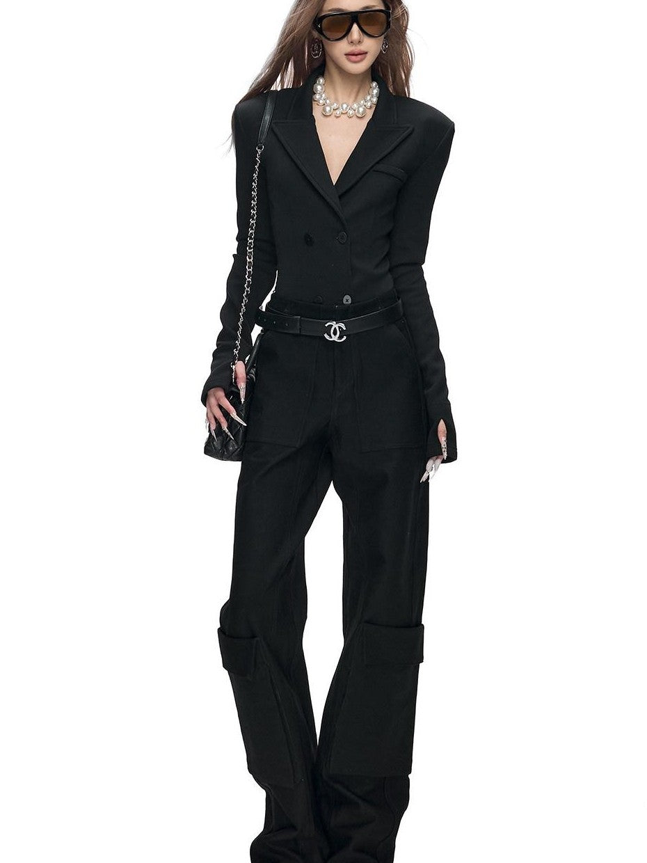 Fanptntox Black 3d Pocket Straight Loose High Stretch Women's Viscose Cargo Pants