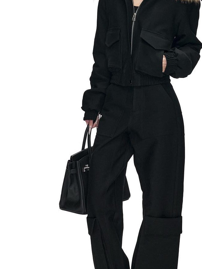 Fanptntox Black 3d Pocket Straight Loose High Stretch Women's Viscose Cargo Pants