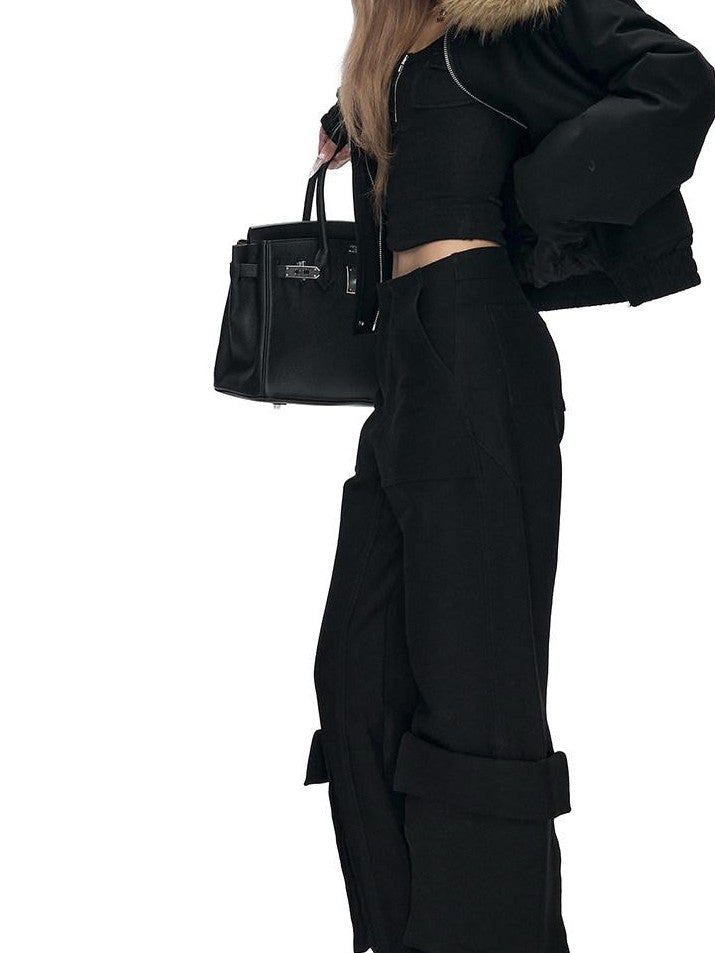 Fanptntox Black 3d Pocket Straight Loose High Stretch Women's Viscose Cargo Pants