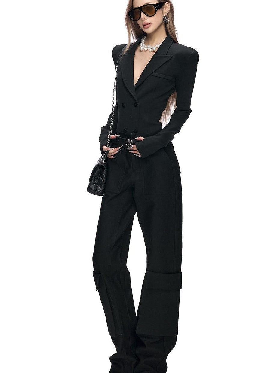 Fanptntox Black 3d Pocket Straight Loose High Stretch Women's Viscose Cargo Pants