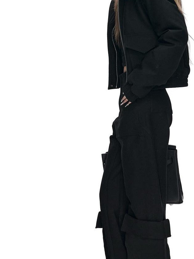 Fanptntox Black 3d Pocket Straight Loose High Stretch Women's Viscose Cargo Pants