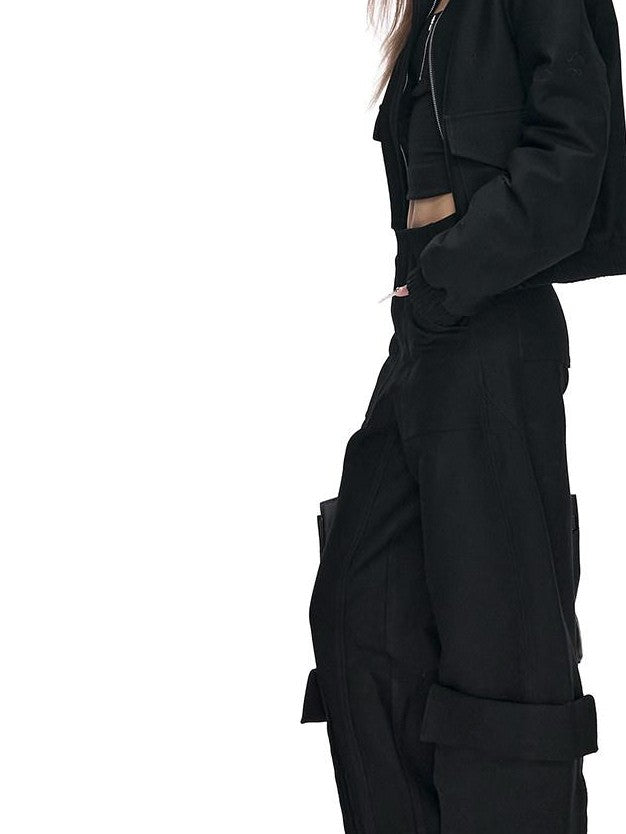 Fanptntox Black 3d Pocket Straight Loose High Stretch Women's Viscose Cargo Pants