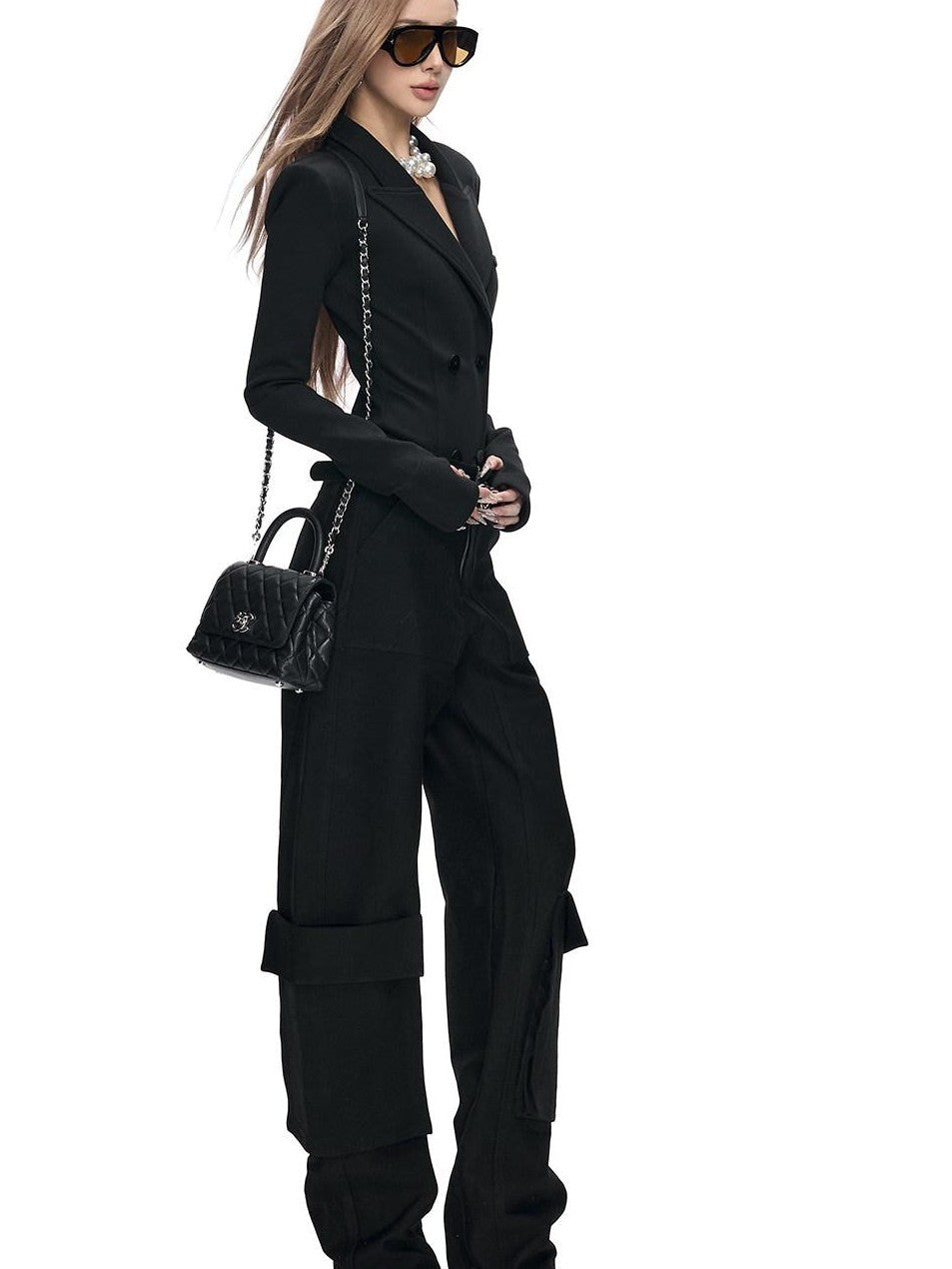 Fanptntox Black 3d Pocket Straight Loose High Stretch Women's Viscose Cargo Pants