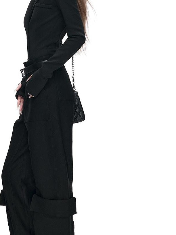 Fanptntox Black 3d Pocket Straight Loose High Stretch Women's Viscose Cargo Pants