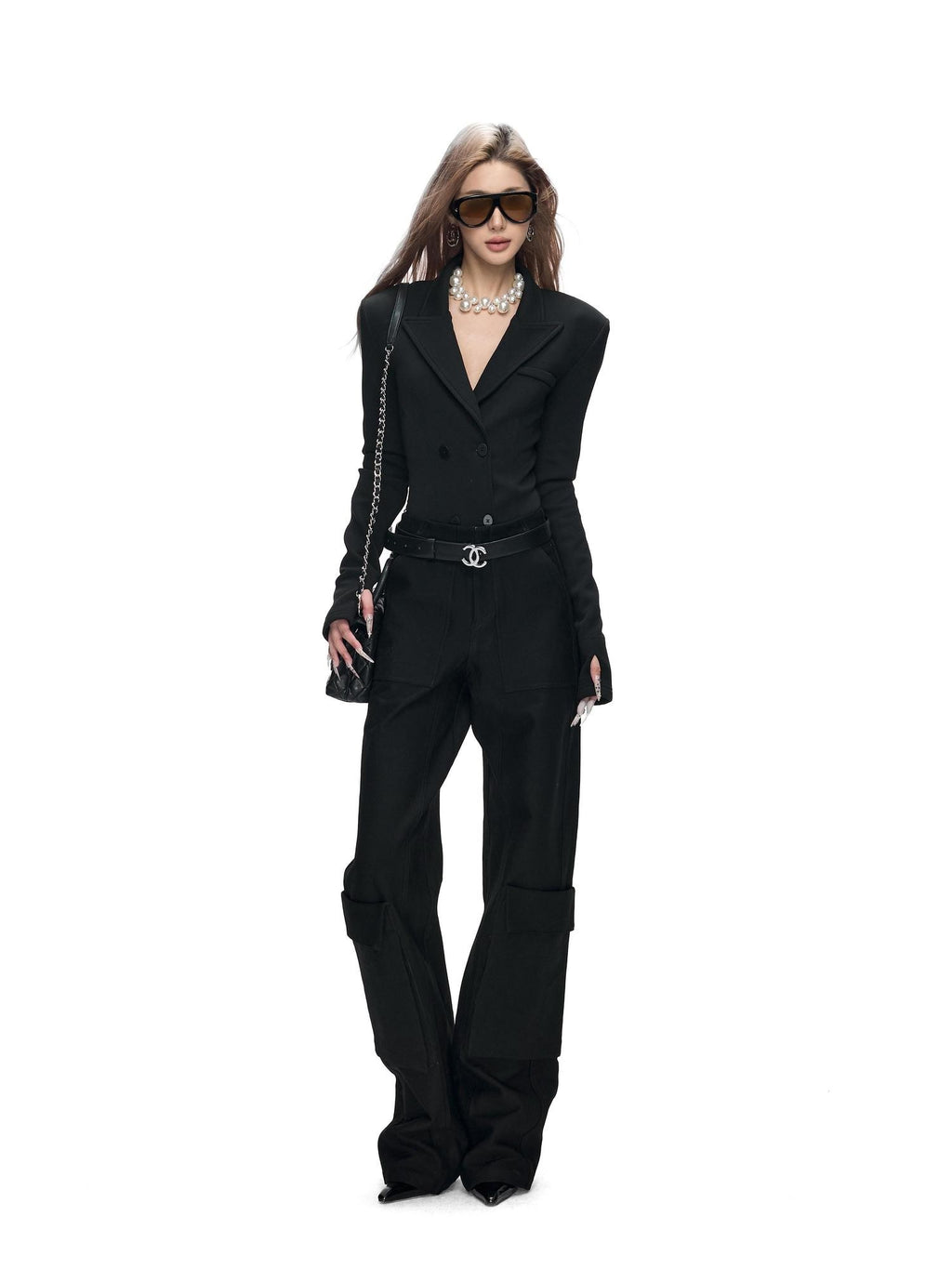 Fanptntox Black 3d Pocket Straight Loose High Stretch Women's Viscose Cargo Pants