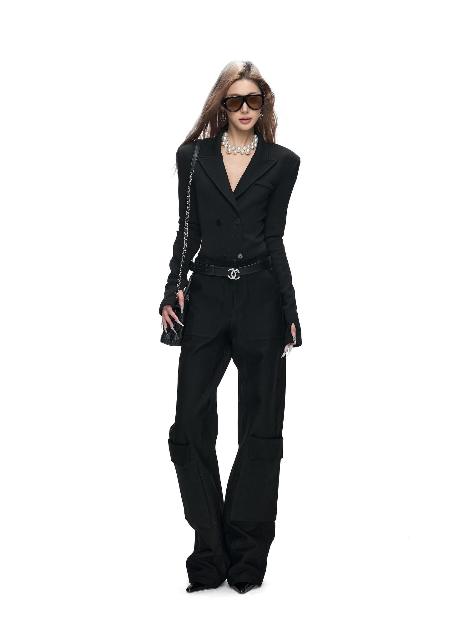 Fanptntox Black 3d Pocket Straight Loose High Stretch Women's Viscose Cargo Pants