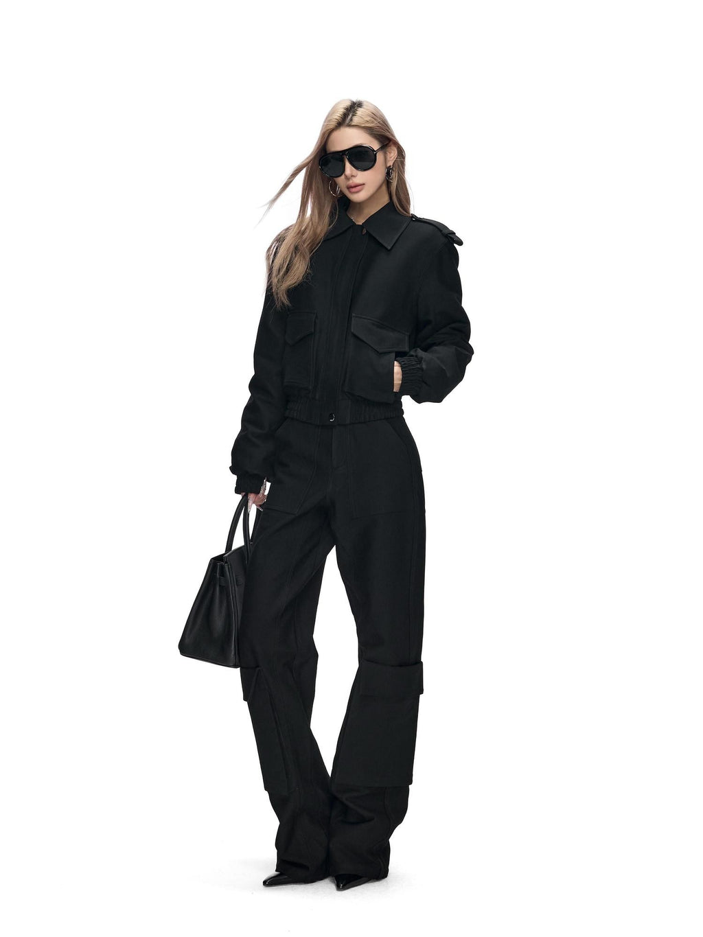Fanptntox Black 3d Pocket Straight Loose High Stretch Women's Viscose Cargo Pants
