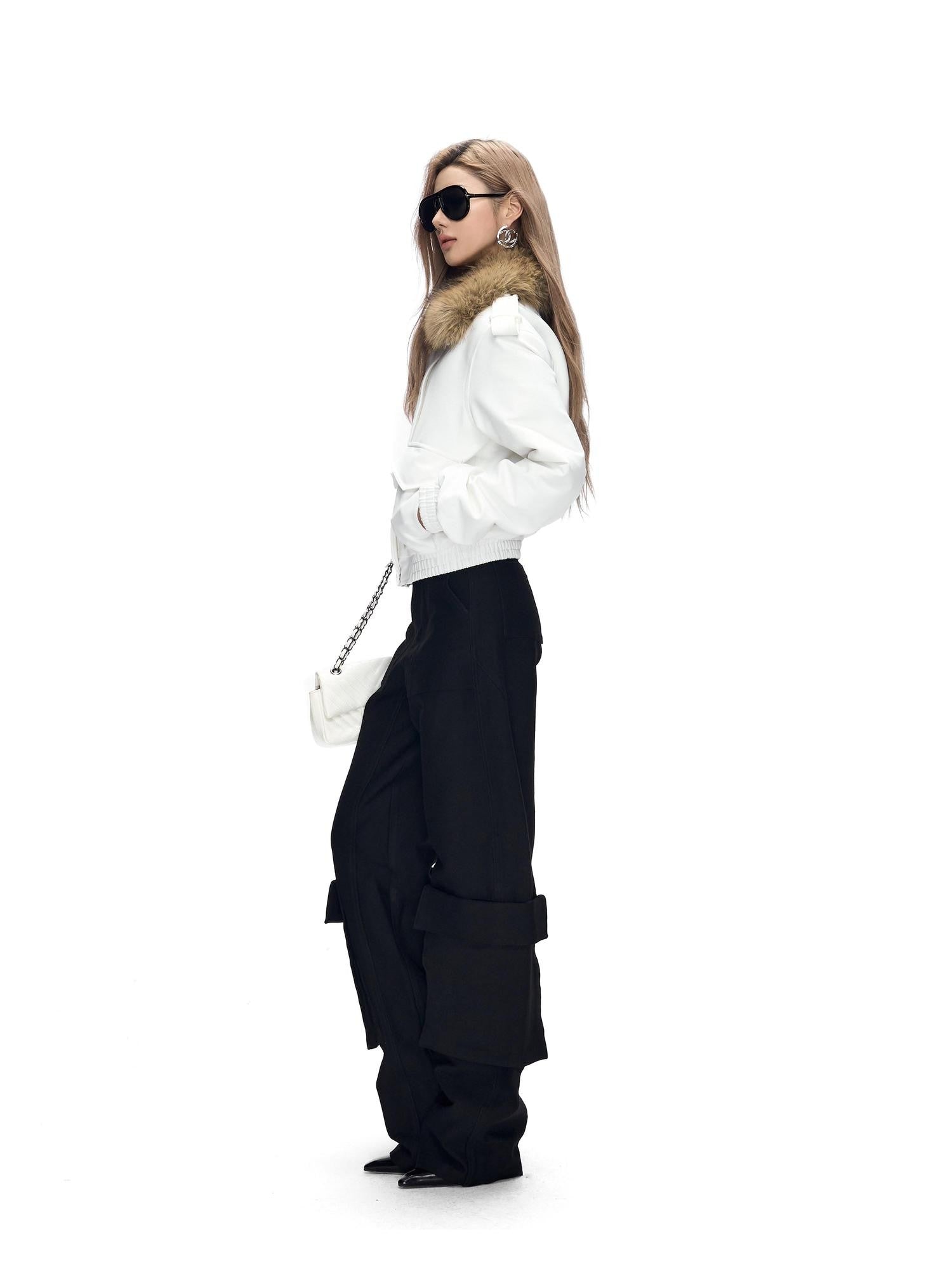 Fanptntox Black 3d Pocket Straight Loose High Stretch Women's Viscose Cargo Pants