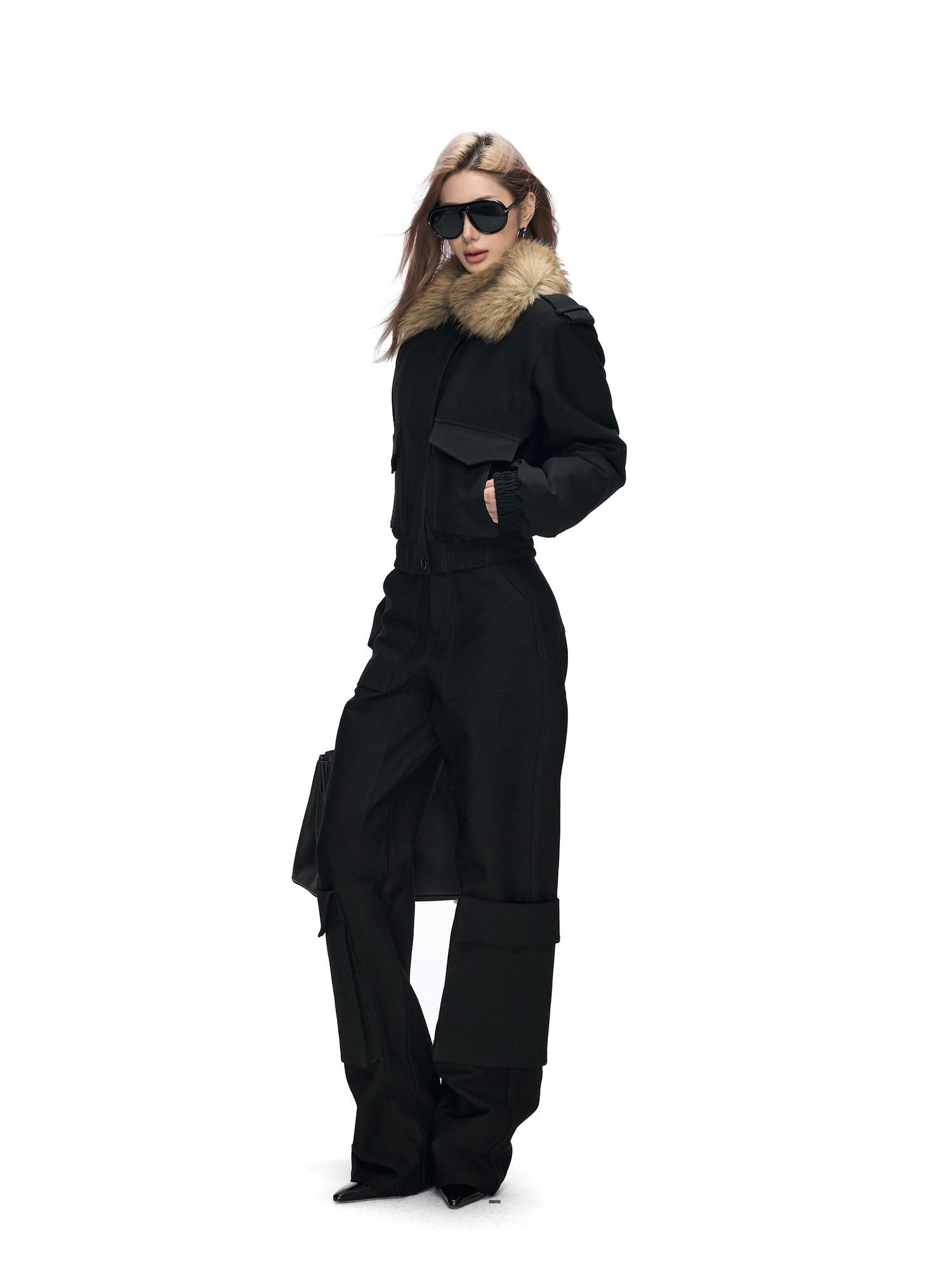 Fanptntox Black 3d Pocket Straight Loose High Stretch Women's Viscose Cargo Pants