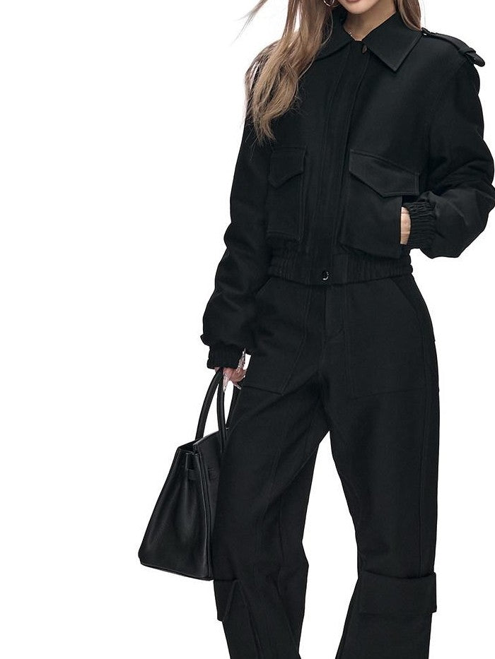 Fanptntox Black 3d Pocket Straight Loose High Stretch Women's Viscose Cargo Pants