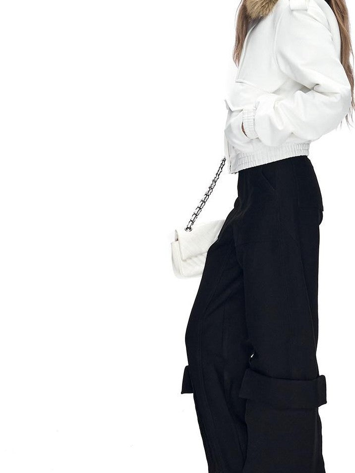 Fanptntox Black 3d Pocket Straight Loose High Stretch Women's Viscose Cargo Pants