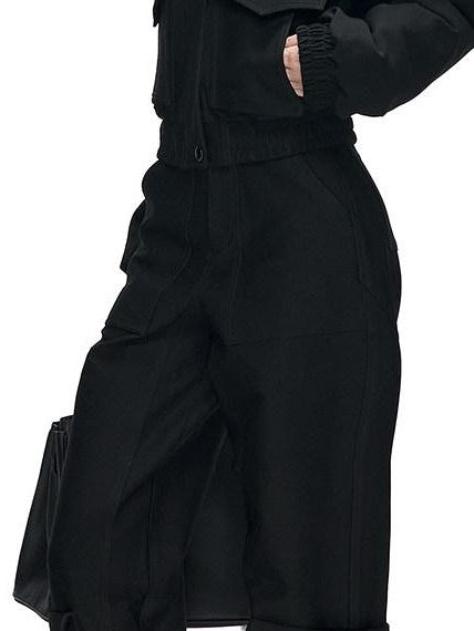 Fanptntox Black 3d Pocket Straight Loose High Stretch Women's Viscose Cargo Pants