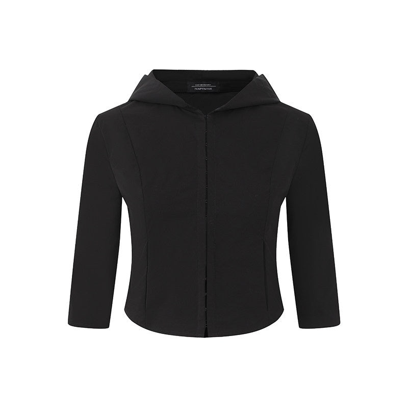 Fanptntox_Black_And_White_Hooded_Hook_Closure_Mesh_Back_Slim_Fit_Women's_Cropped_Shirts_907430542267_MISSTT