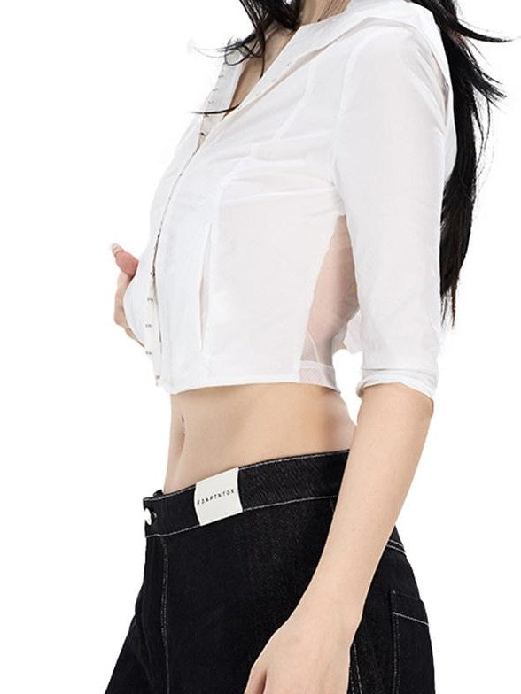 Fanptntox Black And White Hooded Hook Closure Mesh Back Slim Fit Women's Cropped Shirts