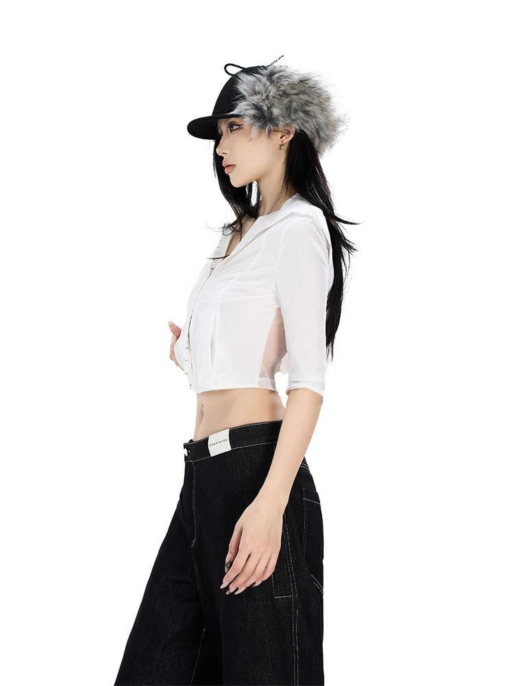 Fanptntox Black And White Hooded Hook Closure Mesh Back Slim Fit Women's Cropped Shirts