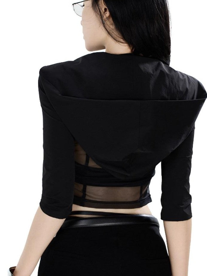 Fanptntox Black And White Hooded Hook Closure Mesh Back Slim Fit Women's Cropped Shirts